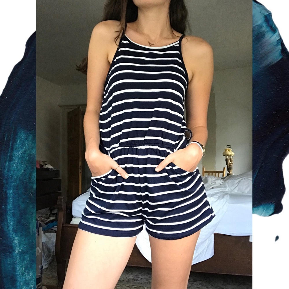Navy Blue & White Striped Romper